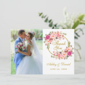 Floral krans roze trouwfoto dank u kaart (Staand voorkant)
