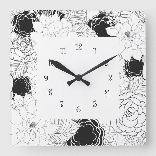 Floral Ktchen Wall Clocks - zwart-wit Vierkante Klok (Voorkant)