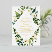 Floral laat Lijst met witte Waterverf Baptisme Folie Uitnodiging (Staand Voorkant)