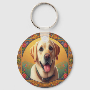Floral Labrador Retriever Hond Kleurrijke Rand Sleutelhanger