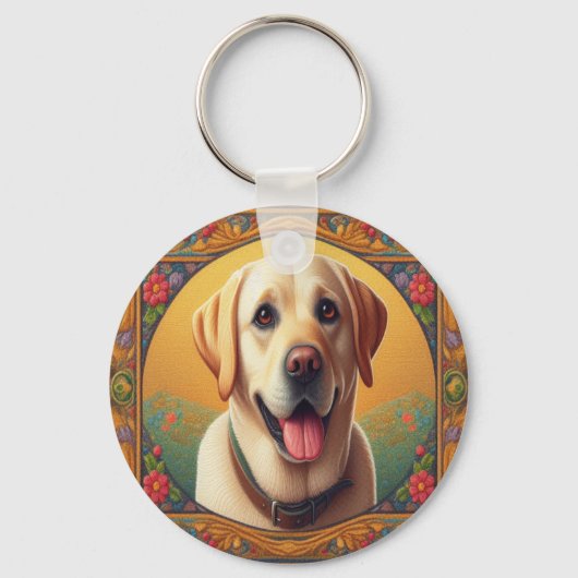 Floral Labrador Retriever Hond Kleurrijke Rand Sleutelhanger (Voorkant)