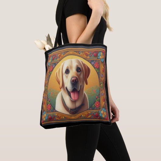 Floral Labrador Retriever Hond Kleurrijke Rand Tote Bag (Dichtbij)