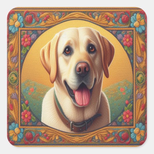 Floral Labrador Retriever Hond Kleurrijke Rand Vierkante Sticker (Voorkant)