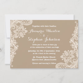 Floral Lace Brown and White Wedding Invitation Kaart