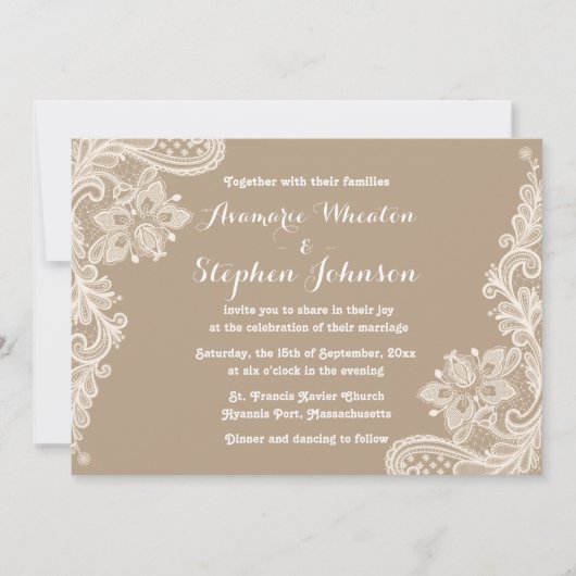 Floral Lace Brown and White Wedding Invitation Kaart (Voorkant)