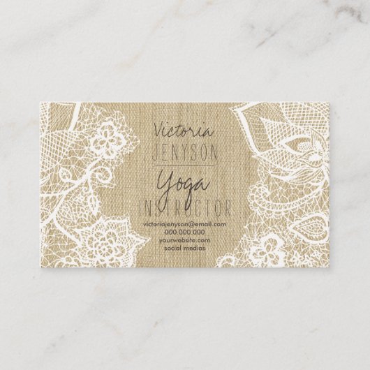 Floral lace burlap boho yoga instructeur visitekaartje (Voorkant)