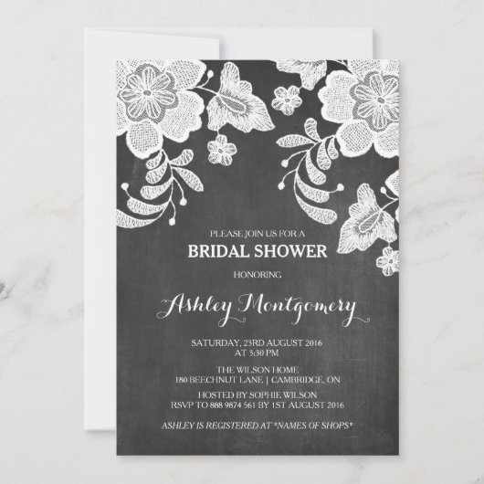 Floral Lace | Chalkboard Bridal Shower Invitation Kaart (Voorkant)