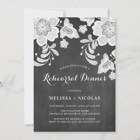 Floral Lace Chalkboard repesal Dinner Invitation Kaart (Voorkant)