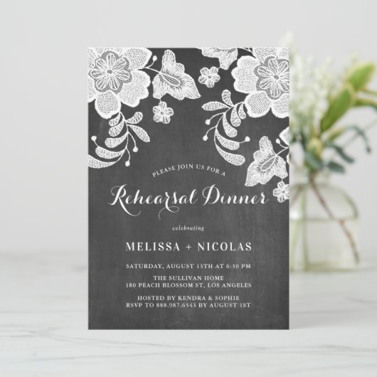 Floral Lace Chalkboard repesal Dinner Invitation Kaart (Staand voorkant)
