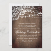 Floral Lace en string van lights Rustic Wood Weddi Kaart (Voorkant)