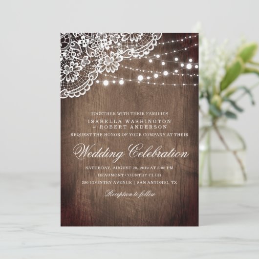 Floral Lace en string van lights Rustic Wood Weddi Kaart (Staand voorkant)