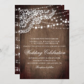 Floral Lace en string van lights Rustic Wood Weddi Kaart (Voorkant / Achterkant)