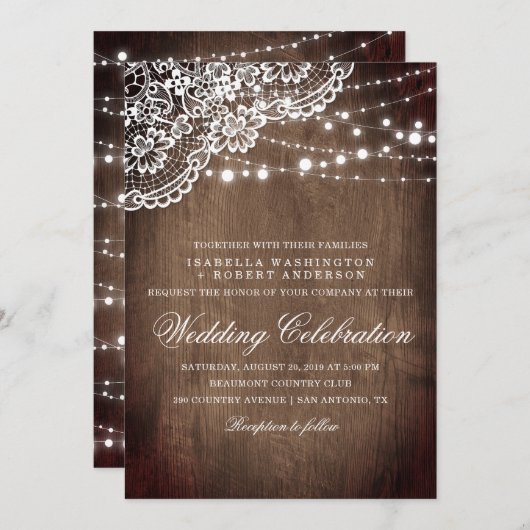 Floral Lace en string van lights Rustic Wood Weddi Kaart (Voorkant / Achterkant)