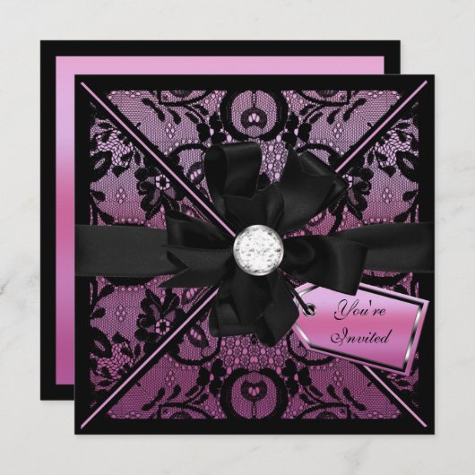 Floral Lace Invite met Diamond Bow Kaart (Voorkant / Achterkant)