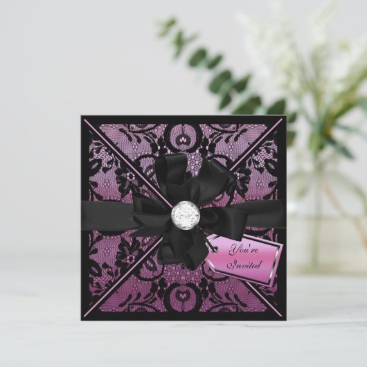 Floral Lace Invite met Diamond Bow Kaart (Staand voorkant)