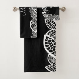 Floral Lace Jouw naam Black White Bad Handdoek