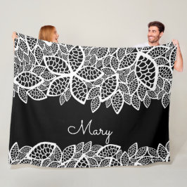 Floral Lace Jouw naam Black White Fleece Deken
