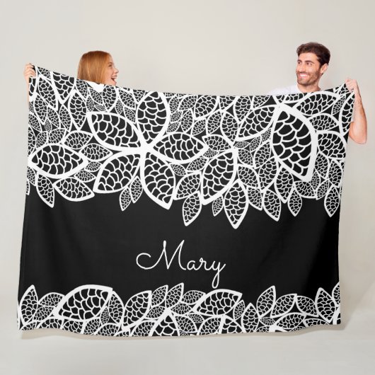 Floral Lace Jouw naam Black White Fleece Deken (In situ)