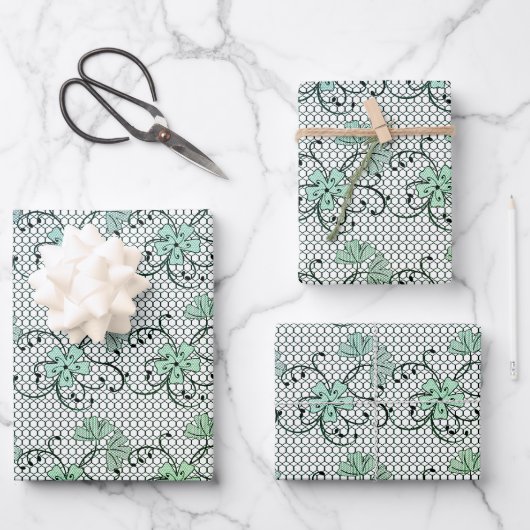 Floral Lace Pattern Blue en Green Inpakpapier Vel (Voorkant)