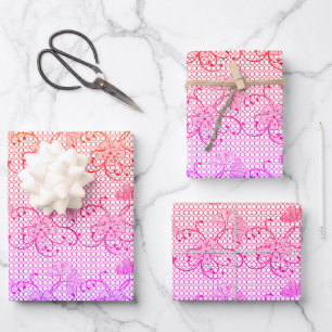 Floral Lace Pattern Shades of Pink and Oranje Inpakpapier Vel