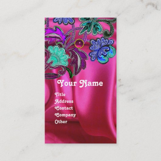 FLORAL LACE PINK FUCHSIA SILK CLOTH, GEM MONOGRAM VISITEKAARTJE (Voorkant)