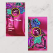 FLORAL LACE PINK FUCHSIA SILK CLOTH, GEM MONOGRAM VISITEKAARTJE (Voorkant / Achterkant)