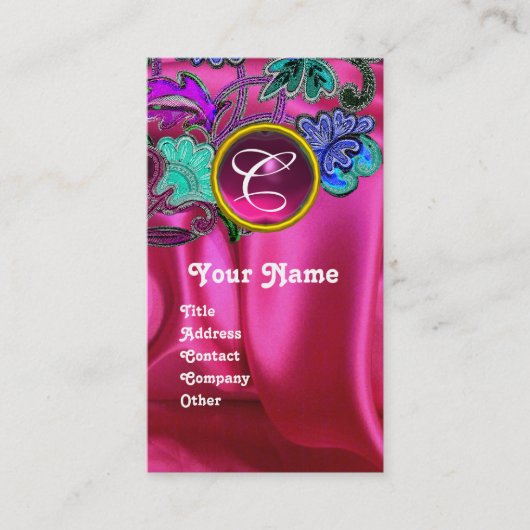 FLORAL LACE PINK FUCHSIA SILK CLOTH, GEM MONOGRAM VISITEKAARTJE (Voorkant)