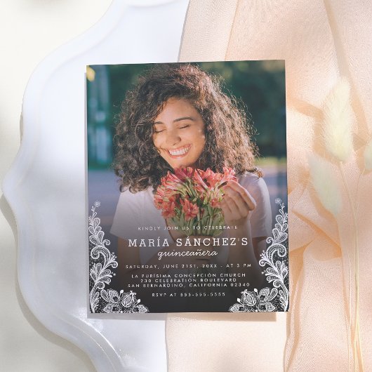 Floral Lace Quinceañera Birthday Foto Uitnodiging Briefkaart