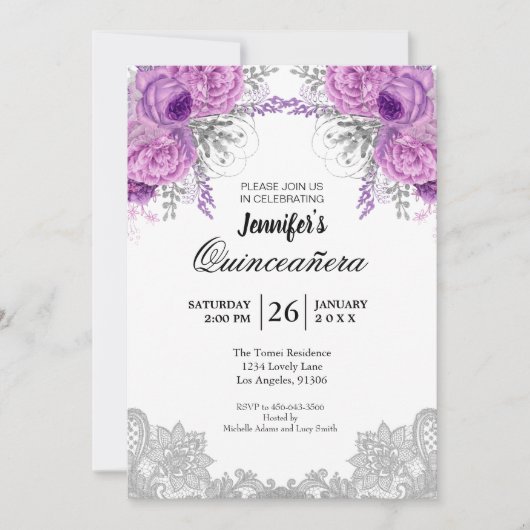 Floral Lace Quinceanera Kaart (Voorkant)