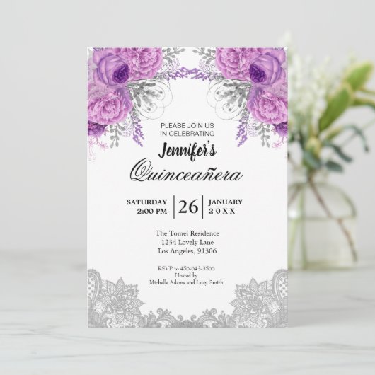 Floral Lace Quinceanera Kaart (Staand voorkant)