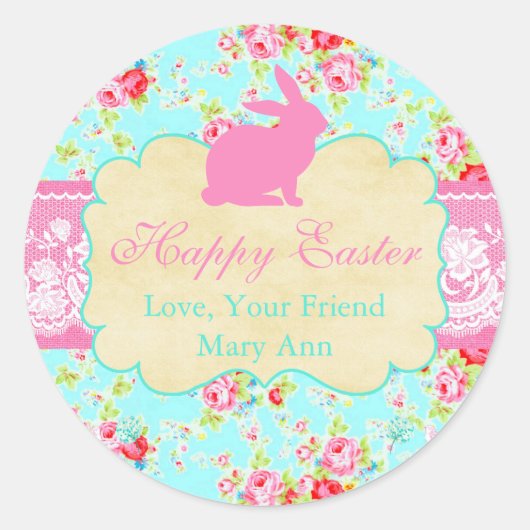Floral Lace Shabby Chic Happy Easter gepersonalise Ronde Sticker (Voorkant)