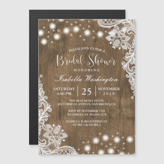 Floral Lace String Light Rustic Wood Vrijgezellenf Magnetische Uitnodiging (Voorkant / Achterkant)