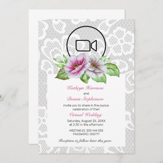 Floral & Lace Virtual Wedding Invite Kaart (Voorkant / Achterkant)