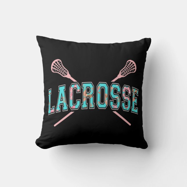 Floral Lacrosse Crossed Sticks LAX Girly Blauwgroe Kussen (Voorkant)