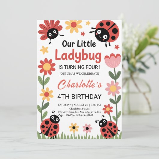 Floral ladybug birthday kaart (Staand voorkant)