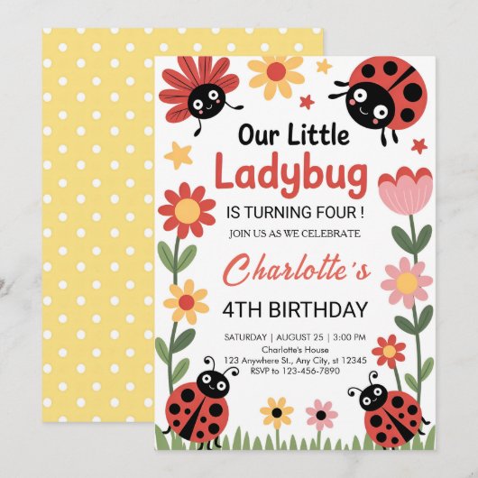 Floral ladybug birthday kaart (Voorkant / Achterkant)