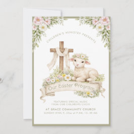 Floral Lamb with Cross | Easter Program Invitation Kaart