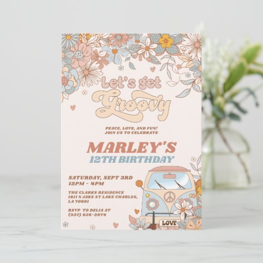 Floral Laten we Groovy Retro Birthday Party halen Kaart (Staand voorkant)