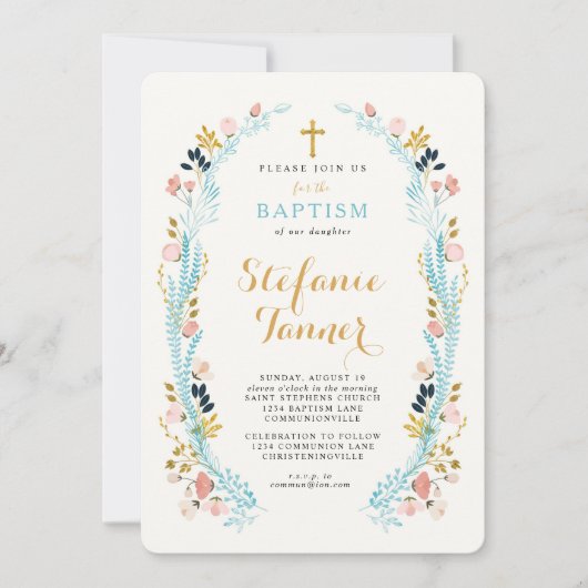 Floral Laurel doop uitnodiging (Voorkant)