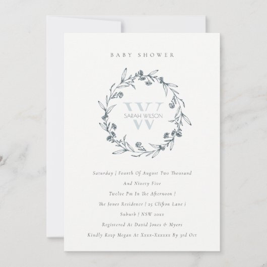 Floral Laurel Wreath Monogram Baby shower Invite Bedankkaart (Voorkant)