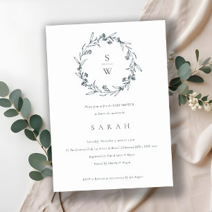 Floral Laurel Wreath Monogram Baby shower Invite Bedankkaart