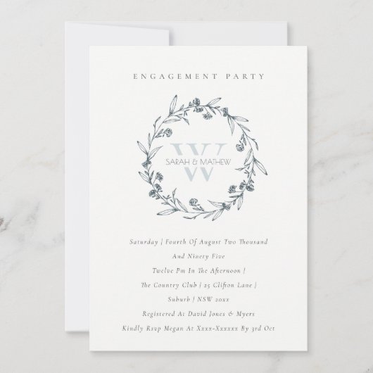 Floral Laurel Wreath Monogram Verloving Invite Bedankkaart (Voorkant)