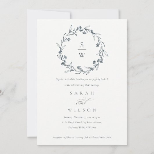 Floral Laurel Wreath Monogram Wedding Invite Bedankkaart (Voorkant)