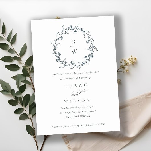 Floral Laurel Wreath Monogram Wedding Invite Bedankkaart