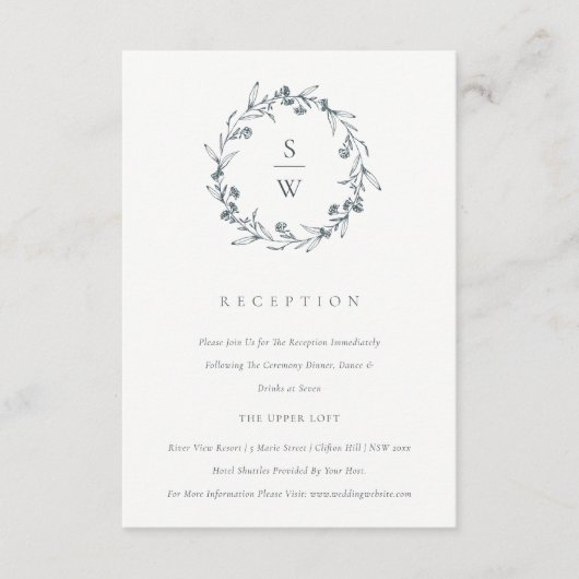 Floral Laurel Wreath Monogram Wedding Reception Informatiekaartje (Voorkant)