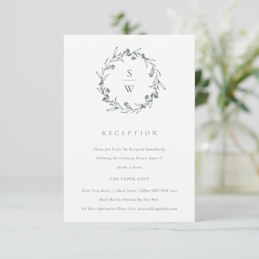 Floral Laurel Wreath Monogram Wedding Reception Informatiekaartje (Staand voorkant)