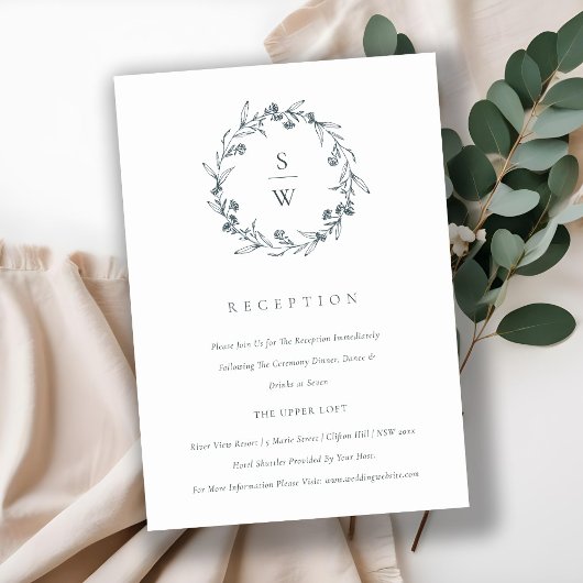 Floral Laurel Wreath Monogram Wedding Reception Informatiekaartje