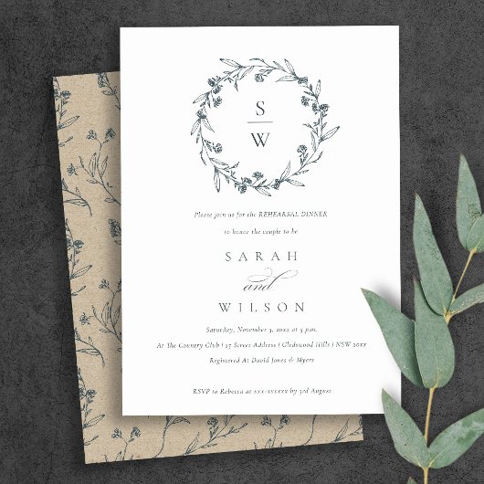 Floral Laurel Wreath Rehearsal Dinner Invite Bedankkaart