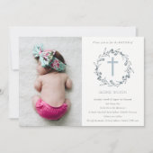 Floral Laurel WreatPhoto Cross Baptism Invite Bedankkaart (Voorkant)