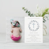 Floral Laurel WreatPhoto Cross Baptism Invite Bedankkaart (Staand voorkant)
